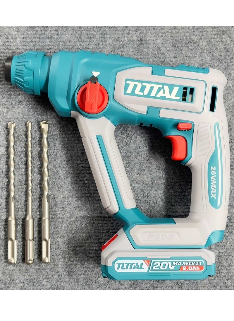 TOTAL - Super Total 20V Lithium-Ion Cordless Rotary Hammer TRHLI201681 - SDS Plus, 850 RPM, 5100 BPM, 1.5J Impact Energy, LED Work Light, Includes 3 Drills & 2.0Ah Battery with Charger, Carrying Case TRHLI201681 - Image 1