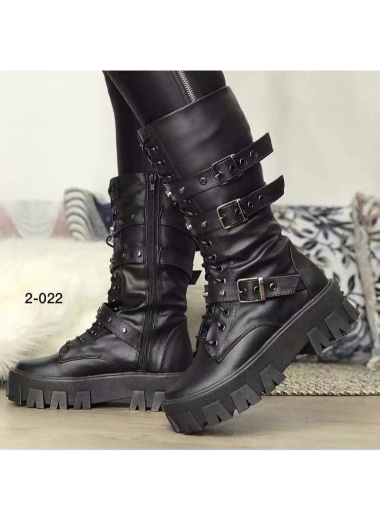 Generic Autumn Mid-Heel British Belted Punk Ladies Leather Boots Black 