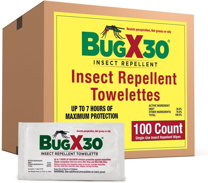 coretex Bug X 30 Mosquito, Tick, & Insect Repellent Wipes with 30% DEET - Pack of 100 Single-Use Bug Repellent Wipes for Up to 7 Hours of Reliable Protection Against 12 Types of Biting Insects - Image 1