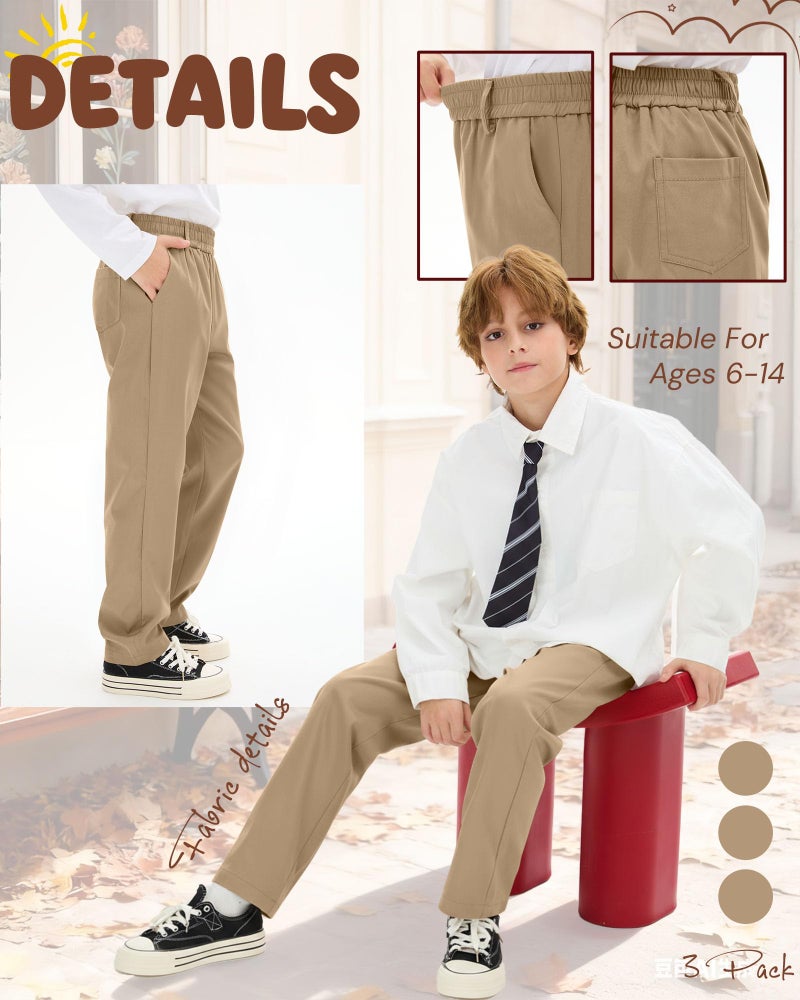 LessonZoo 3 Pack Boys' School Uniform Pants 6-14Y Elastic Waist Stretch Youth Trousers with Pockets Straight Fit for Kids(12-13 Years,Khaki, Khaki, Khaki) - Image 2