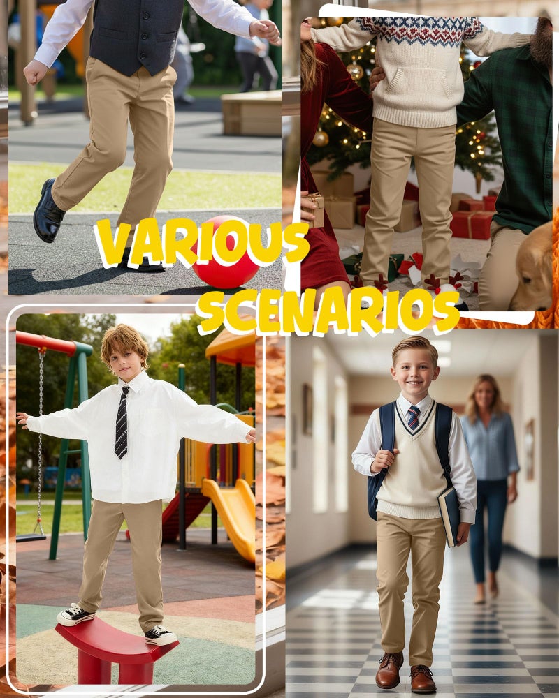 LessonZoo 3 Pack Boys' School Uniform Pants 6-14Y Elastic Waist Stretch Youth Trousers with Pockets Straight Fit for Kids(12-13 Years,Khaki, Khaki, Khaki) - Image 4