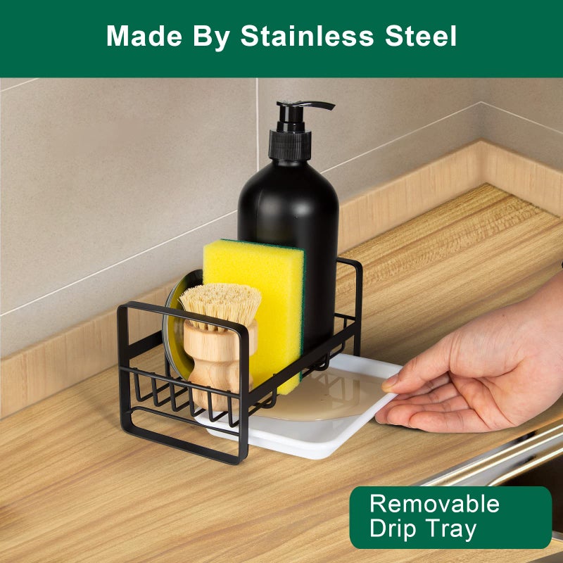 TEZZ Sponge Holder for Kitchen Sink- Stainless Steel Kitchen Sink Caddy for Organizing Sponge, Brush & Soap Dish Dispenser, Kitchen Sink Organizer Rack with Adhesive or Counter top, Black - Image 3