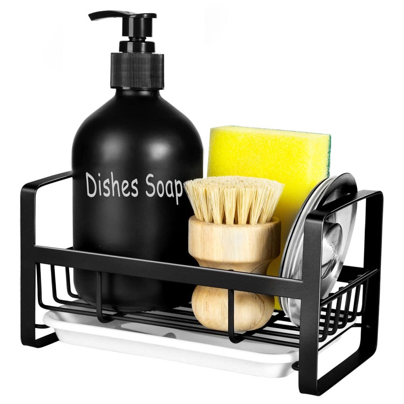 TEZZ Sponge Holder for Kitchen Sink- Stainless Steel Kitchen Sink Caddy for Organizing Sponge, Brush & Soap Dish Dispenser, Kitchen Sink Organizer Rack with Adhesive or Counter top, Black - Image 1