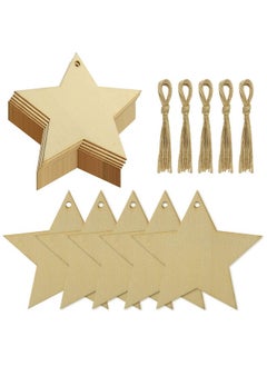 obmwang 50 Pieces Natural Wooden Star Cutouts Unfinished Predrilled Wooden Star Embellishments With Natural Twine For Christmas, Diy Craft, Party Decoration  - Image 1