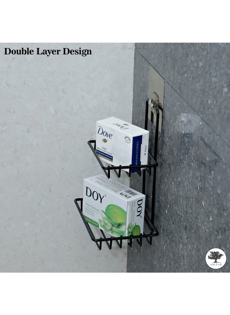 sulfar - Wall Mounted Double Layer Soap Dish Holder Mild Steel Wall Hanging Soap Storage Rack for Kitchen Bathroom with Self Adhesive Magic Sticker (Black) - Image 1