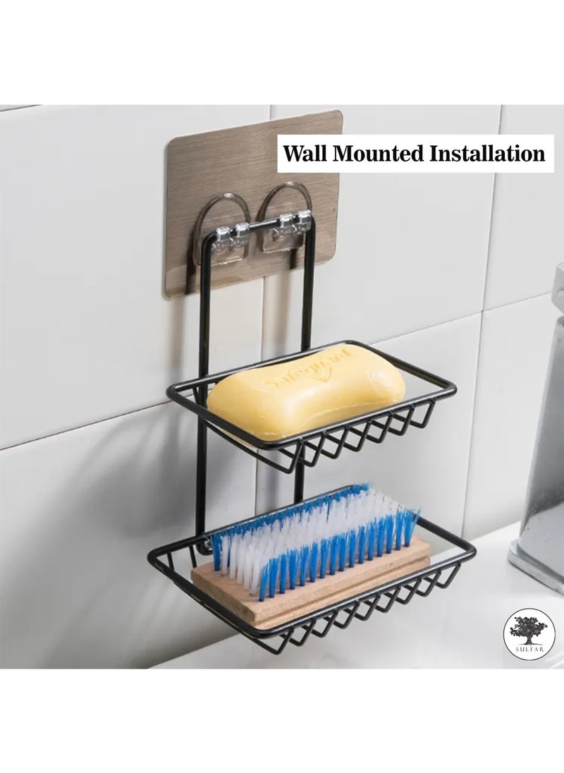 sulfar - Wall Mounted Double Layer Soap Dish Holder Mild Steel Wall Hanging Soap Storage Rack for Kitchen Bathroom with Self Adhesive Magic Sticker (Black) - Image 1
