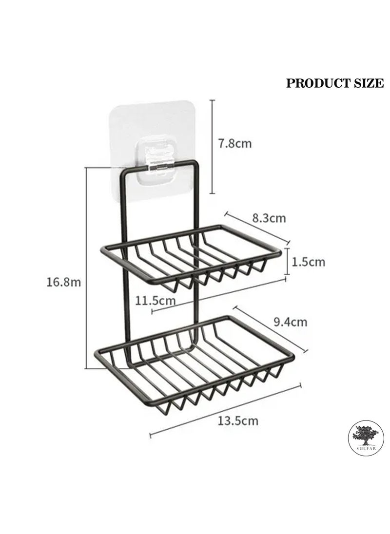sulfar - Wall Mounted Double Layer Soap Dish Holder Mild Steel Wall Hanging Soap Storage Rack for Kitchen Bathroom with Self Adhesive Magic Sticker (Black) - Image 1