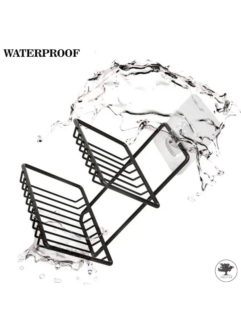 sulfar - Wall Mounted Double Layer Soap Dish Holder Mild Steel Wall Hanging Soap Storage Rack for Kitchen Bathroom with Self Adhesive Magic Sticker (Black) - Image 1