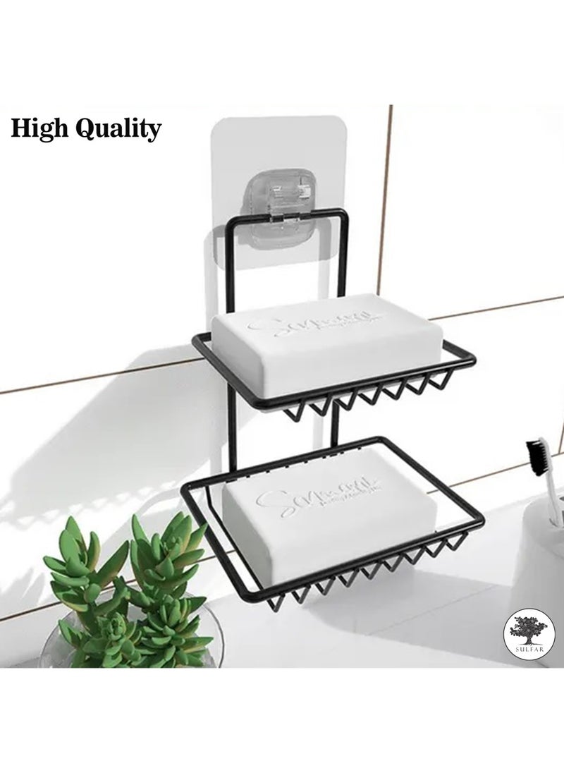 sulfar - Wall Mounted Double Layer Soap Dish Holder Mild Steel Wall Hanging Soap Storage Rack for Kitchen Bathroom with Self Adhesive Magic Sticker (Black) - Image 1