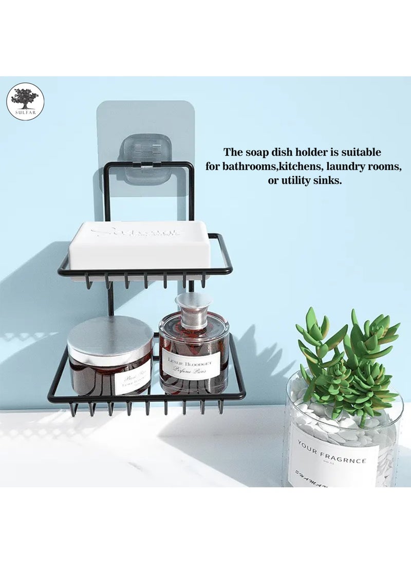 sulfar - Wall Mounted Double Layer Soap Dish Holder Mild Steel Wall Hanging Soap Storage Rack for Kitchen Bathroom with Self Adhesive Magic Sticker (Black) - Image 1