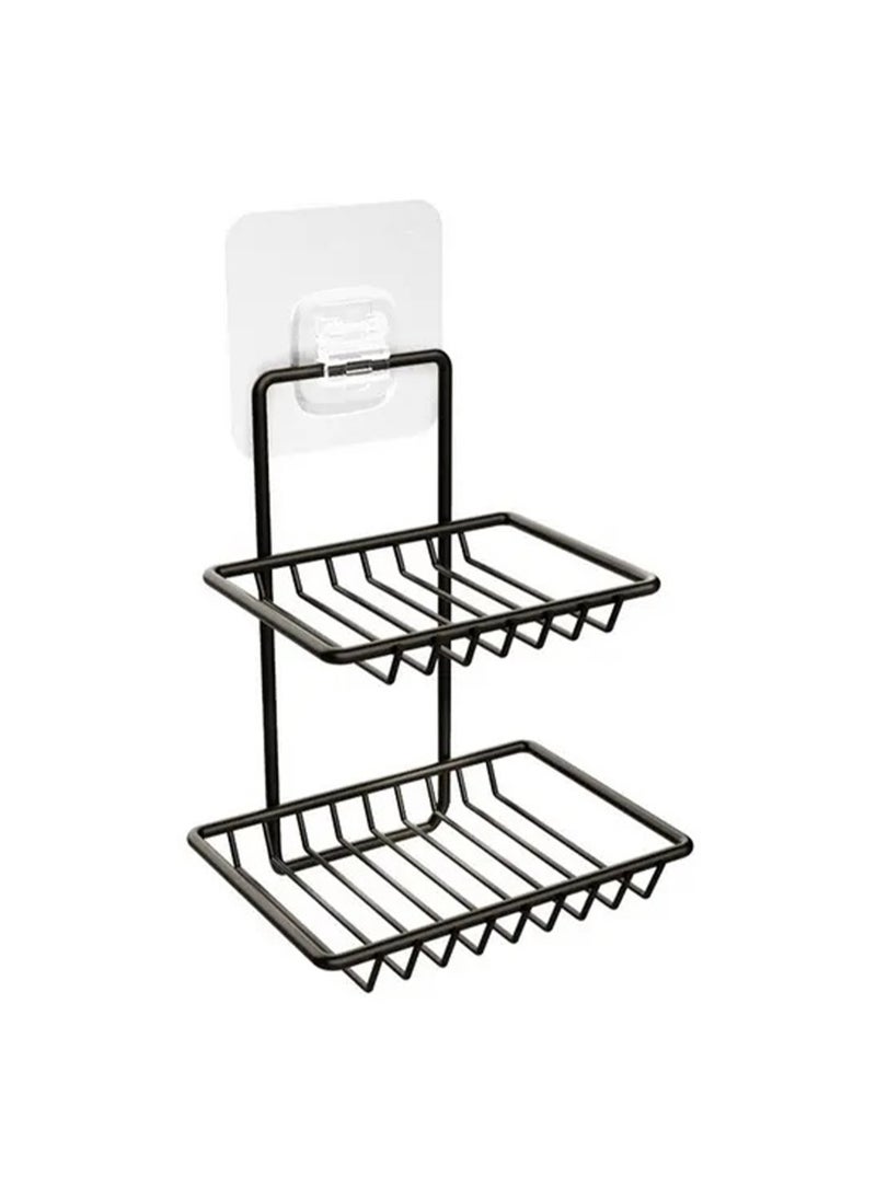 sulfar - Wall Mounted Double Layer Soap Dish Holder Mild Steel Wall Hanging Soap Storage Rack for Kitchen Bathroom with Self Adhesive Magic Sticker (Black) - Image 1