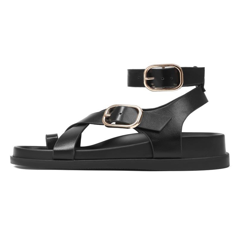 CELNEPHO Womens Black Sandals Ankle Wrap Molded Footbed Platform Flat Sandal Strappy Adjustable Bohemian Retro Beach Summer Shoes - Image 1
