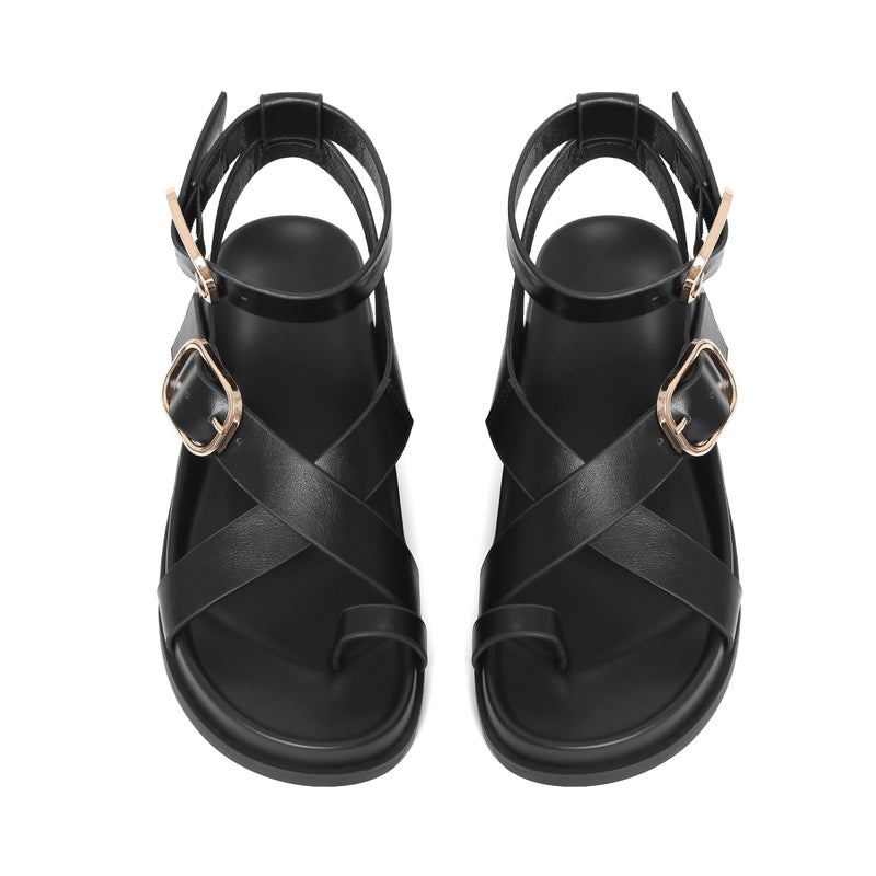 CELNEPHO Womens Black Sandals Ankle Wrap Molded Footbed Platform Flat Sandal Strappy Adjustable Bohemian Retro Beach Summer Shoes - Image 5
