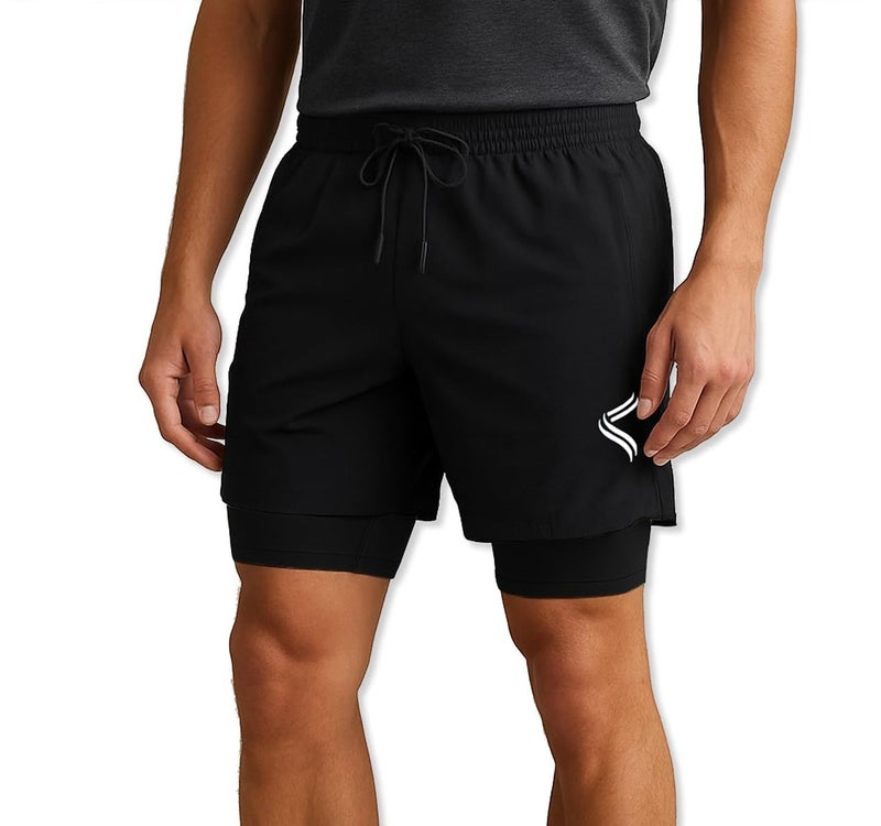 Fancy Agents Dual Layer Shorts for Men & Boys – Ideal for Gym, Workout, Running, Cycling & Yoga | Breathable, Stretchable Activewear with Inner Compression Layer Performance Black - Image 1