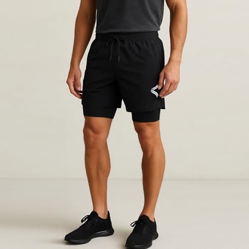 Fancy Agents Dual Layer Shorts for Men & Boys – Ideal for Gym, Workout, Running, Cycling & Yoga | Breathable, Stretchable Activewear with Inner Compression Layer Performance Black - Image 2