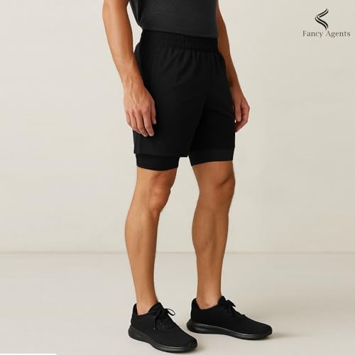 Fancy Agents Dual Layer Shorts for Men & Boys – Ideal for Gym, Workout, Running, Cycling & Yoga | Breathable, Stretchable Activewear with Inner Compression Layer Performance Black - Image 5