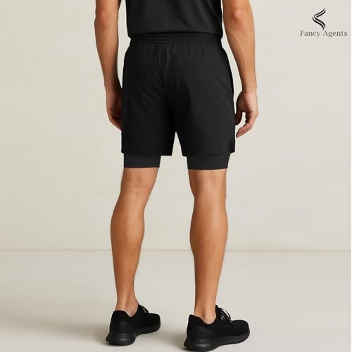 Fancy Agents Dual Layer Shorts for Men & Boys – Ideal for Gym, Workout, Running, Cycling & Yoga | Breathable, Stretchable Activewear with Inner Compression Layer Performance Black - Image 3