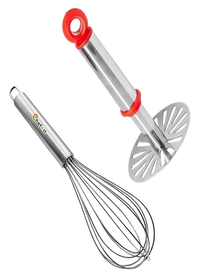 Premium Stainless Steel Balloon Whisk for Blending, Whisking, Beating, and Stirring | Steel Potato Vegetable Pav Bhaji Masher, Multicolour