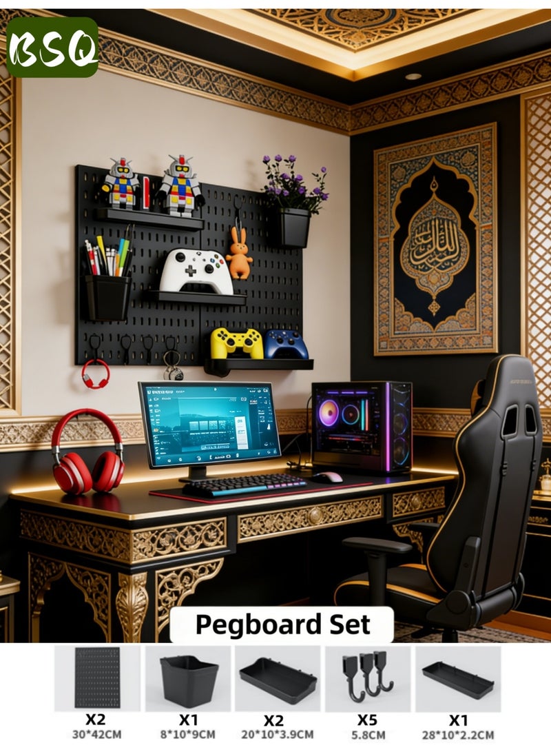 BSQ Pegboard Storage Set | Pegboard Wall Storage Set | Wall Shelf | 2-Piece Modular Hanging Storage Rack | DIY Hanging Pegboard Decoration | No Drilling Required for Installation | Suitable for Kitchens, Bedrooms, Living Rooms, and Offices | Black - Image 1