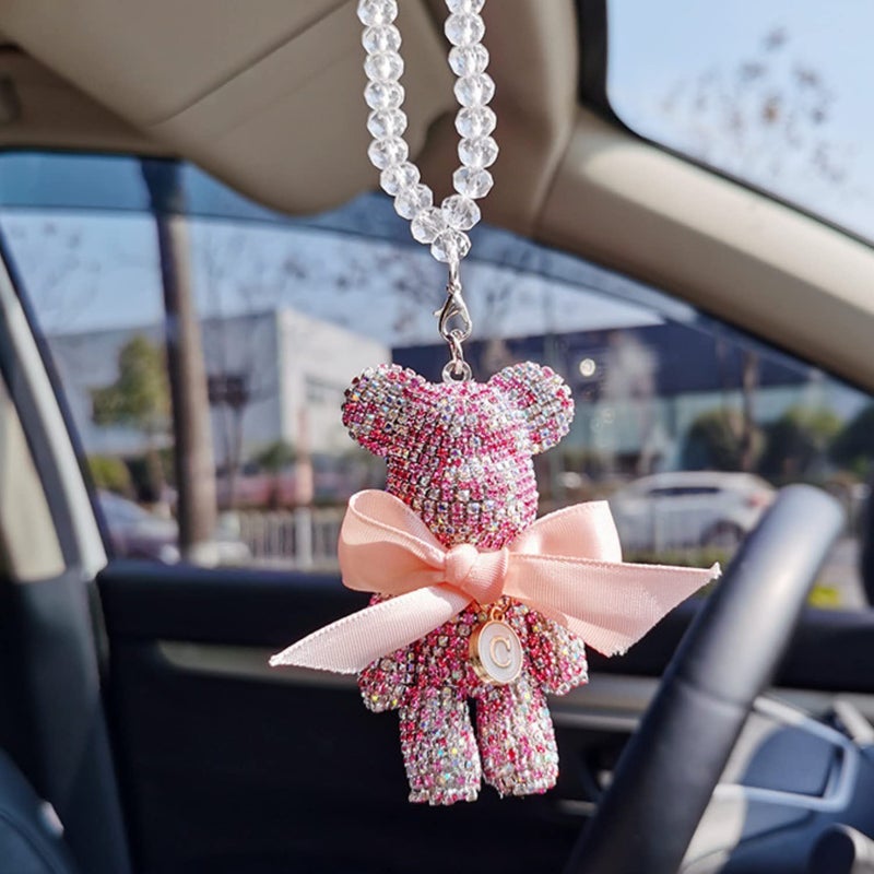 DUNKOING Cute Bling Bear Rear View Mirror Hanging Accessories Sparkle Hanging Ornaments Diamond Bear Charms for Car Mirror (Pink) - Image 1