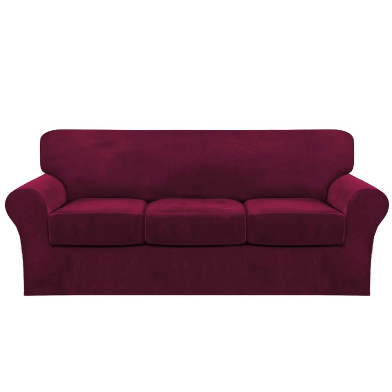 FantasDecor 4 Piece Sofa Velvet Couch Covers for 3 Cushion Stretch Slipcover with Individual Seat Cushion Elastic Furniture Protector for Pets Machine Washable Sofa Burgundy