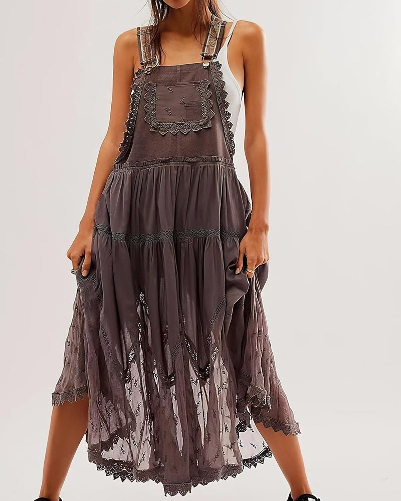 ebossy Women's Laced Embroidered Tulle Bib Dress Casual Loose Adjustable Straps Maxi Dress (M, Coffee) - Image 4