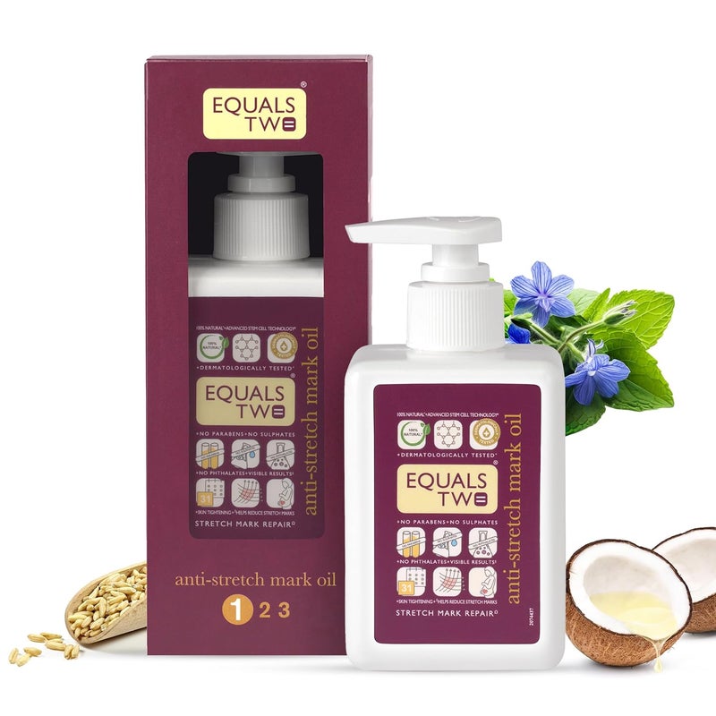 EQUALSTWO Anti Stretch Mark Oil 200ml 100 Natural Stretch Marks Removal Oil for Pregnancy Enriched with Flex Seeds  Oat Oil to Lighten Scars Dermatologically Tested No Paraben No Sulphate - Image 1