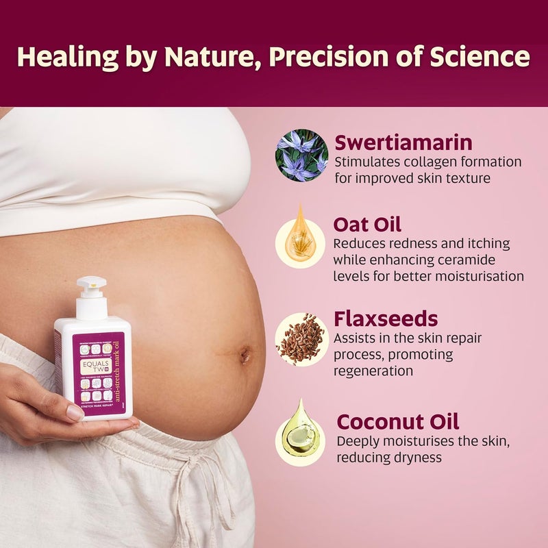 EQUALSTWO Anti Stretch Mark Oil 200ml 100 Natural Stretch Marks Removal Oil for Pregnancy Enriched with Flex Seeds  Oat Oil to Lighten Scars Dermatologically Tested No Paraben No Sulphate - Image 3