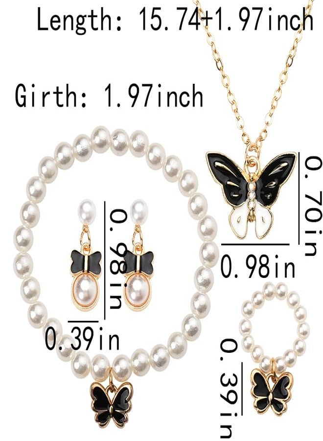 Sisadodo Butterfly Necklace Earrings Ring Bracelet Set Pearl Butterflies Bracelet Necklace Sets for Women Black Butterfly Pendant Necklaces and Ring 5 Pcs Pearl Butterfly Stud Earrings for Women - Image 2
