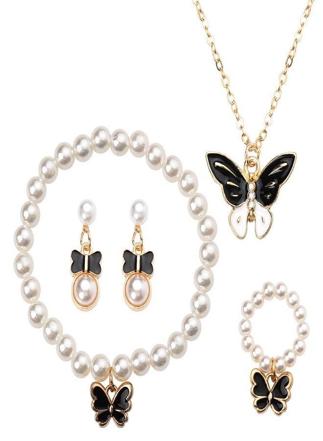Sisadodo Butterfly Necklace Earrings Ring Bracelet Set Pearl Butterflies Bracelet Necklace Sets for Women Black Butterfly Pendant Necklaces and Ring 5 Pcs Pearl Butterfly Stud Earrings for Women - Image 1