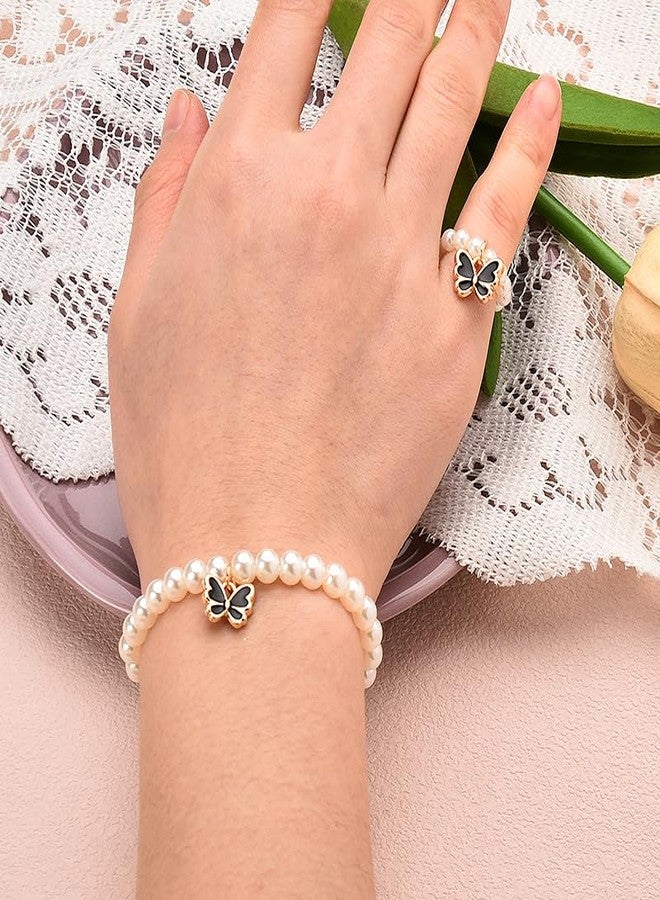 Sisadodo Butterfly Necklace Earrings Ring Bracelet Set Pearl Butterflies Bracelet Necklace Sets for Women Black Butterfly Pendant Necklaces and Ring 5 Pcs Pearl Butterfly Stud Earrings for Women - Image 5