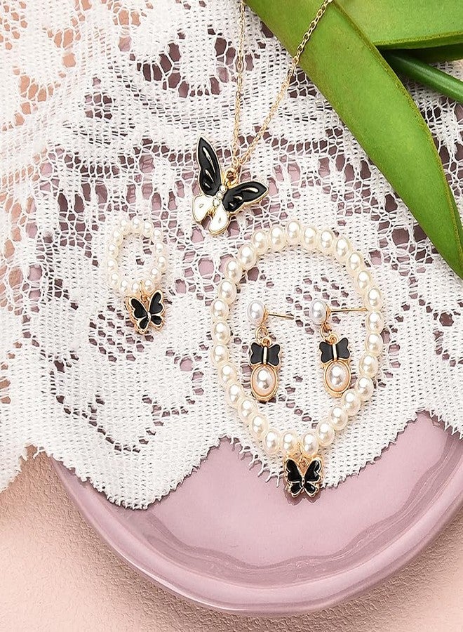 Sisadodo Butterfly Necklace Earrings Ring Bracelet Set Pearl Butterflies Bracelet Necklace Sets for Women Black Butterfly Pendant Necklaces and Ring 5 Pcs Pearl Butterfly Stud Earrings for Women - Image 4