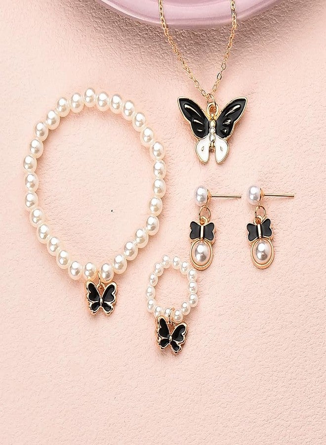 Sisadodo Butterfly Necklace Earrings Ring Bracelet Set Pearl Butterflies Bracelet Necklace Sets for Women Black Butterfly Pendant Necklaces and Ring 5 Pcs Pearl Butterfly Stud Earrings for Women - Image 3