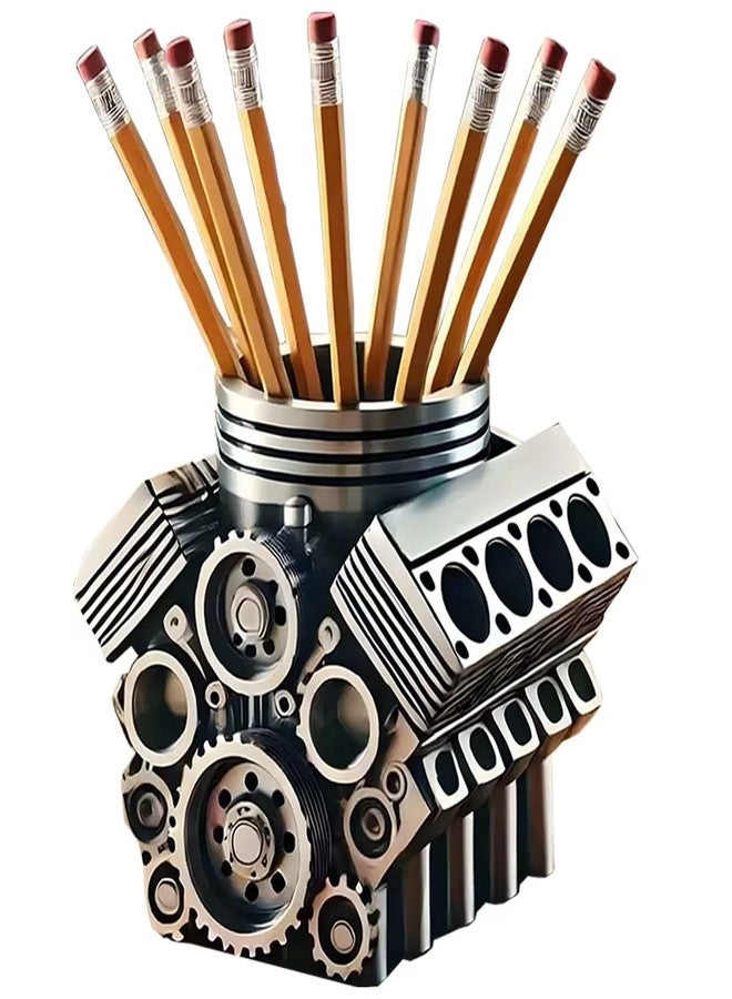 Tizee V8 Engine Model Pen Pencil Holder - Creative Desk Organizer for Home Office| Resin Desktop Stationery Storage with Compartments | Gift for Car Enthusiasts, Mechanics, and Engineers (Silvery-A) - Image 1