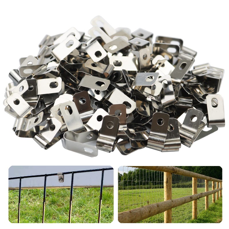 Inslat 100 Pcs Fence Wire Clamps Agricultural Fencing Mounting Clips, Stainless Steel Cord Clamp for Mount 12-16 Gauge Welded Wire to Wood, Metal or Vinyl Fence - Image 1