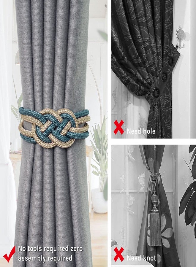 NICEEC 2 Pack Strong Magnetic Curtain Tiebacks Upgrade Nordic Simple Style Drape Tie Backs Double Color Weave Rope Knot Decorative Curtain Holdbacks for Home & Office Window Drapery (Teal & Beige) - Image 2