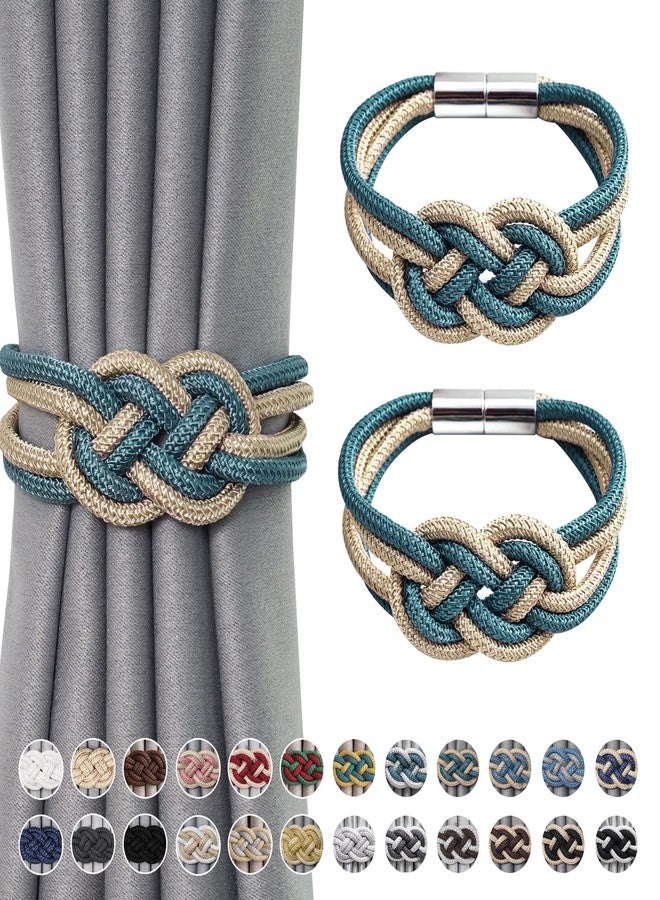 NICEEC 2 Pack Strong Magnetic Curtain Tiebacks Upgrade Nordic Simple Style Drape Tie Backs Double Color Weave Rope Knot Decorative Curtain Holdbacks for Home & Office Window Drapery (Teal & Beige) - Image 1