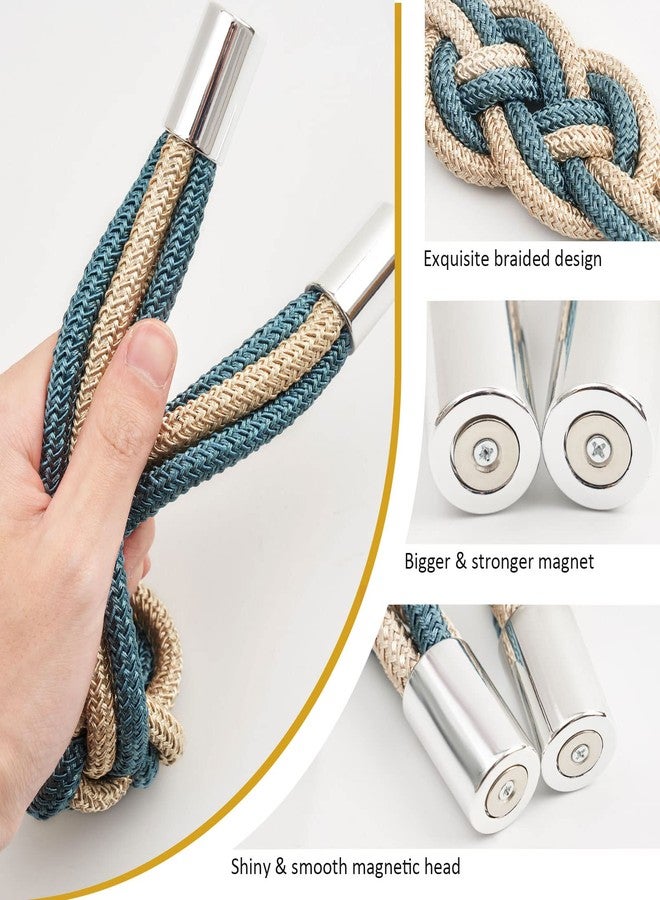 NICEEC 2 Pack Strong Magnetic Curtain Tiebacks Upgrade Nordic Simple Style Drape Tie Backs Double Color Weave Rope Knot Decorative Curtain Holdbacks for Home & Office Window Drapery (Teal & Beige) - Image 4