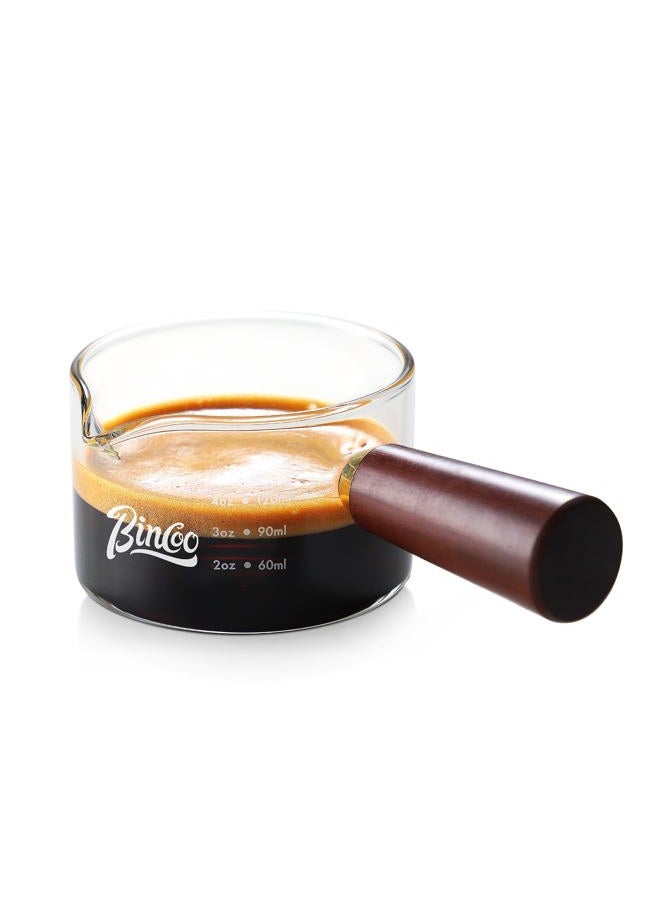 Bincoo Espresso Shot Glasses with Wood Handle, 120ml Glass Coffee Bean Dosing Cup with Single Spout,Clear Espresso Measuring Cup Glass for Barista Coffee Measure - Image 1