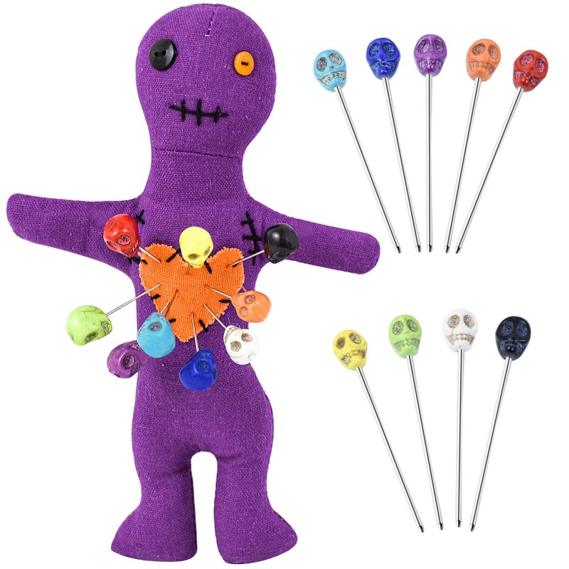 Waybas 10Pcs Voodoo Doll Kit Real Voodoo Dolls with 9 Skull Pins Creepy Ghost Doll Revenge Spells Voodoo Doll Relieve Stress Horror Doll for Halloween Christmas Birthday Ornament Decoration Purple - Image 3