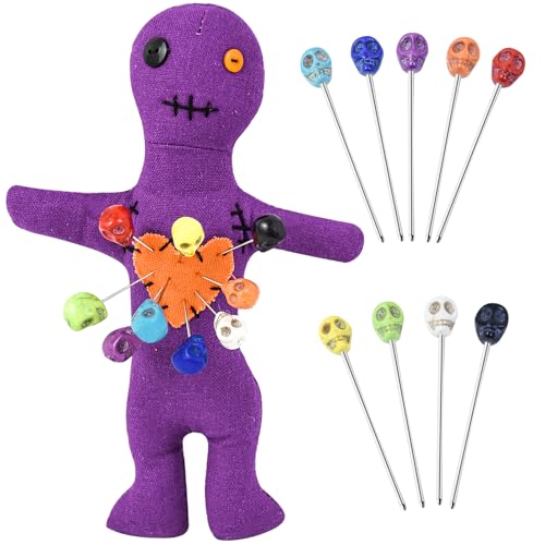 Waybas 10Pcs Voodoo Doll Kit Real Voodoo Dolls with 9 Skull Pins Creepy Ghost Doll Revenge Spells Voodoo Doll Relieve Stress Horror Doll for Halloween Christmas Birthday Ornament Decoration Purple - Image 1