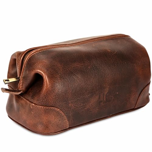 HLC Leather Toiletry Bag for Men - Premium Genuine Leather Dopp Kit Shaving Kit Organizer Travel Kit Pouch Bag - Large Size - Rustic Brown - Image 1
