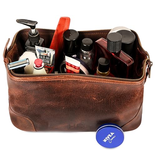 HLC Leather Toiletry Bag for Men - Premium Genuine Leather Dopp Kit Shaving Kit Organizer Travel Kit Pouch Bag - Large Size - Rustic Brown - Image 5