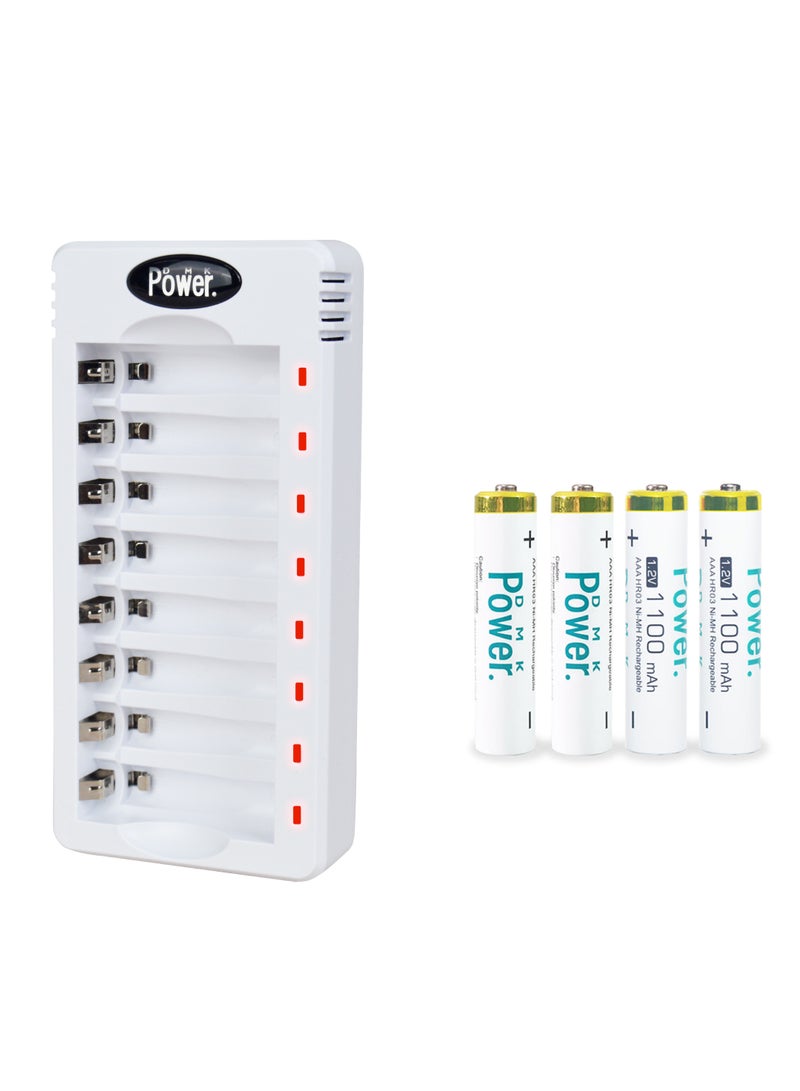 DMK Power DMK Power Rechargeable AAA Batteries, 4 Pack of 1100mAh Low Capacity Low Self Discharge Ni-MH AAA Batteries with Smart 8 Bay Battery Charger (USB Fast Charging, Independent Slot)- (TC-Q8+AAAx4pcs) - Image 1