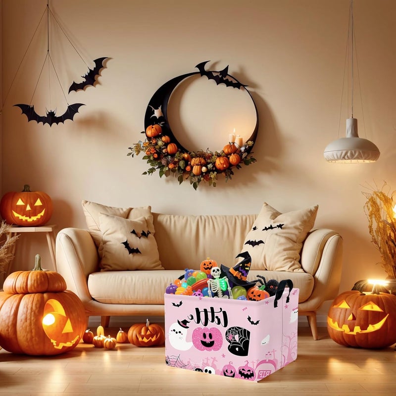 SETAMA Halloween Basket Gift Cute Pumpkin Ghost Parties Decor Kid Trick or Treat Basket for Boys and Girls Rectangular Storage Bin Box (Pink) - Image 3
