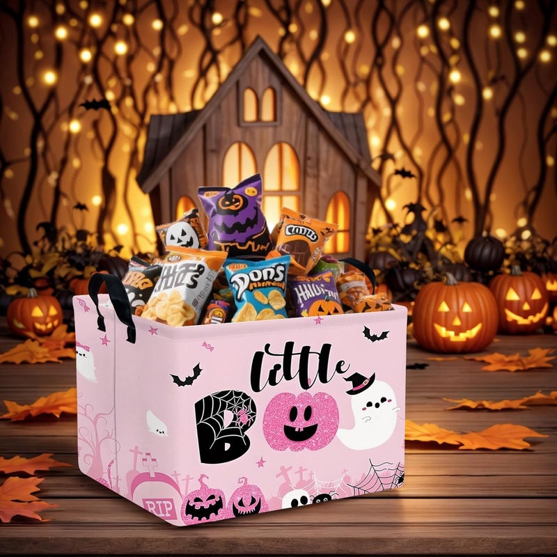 SETAMA Halloween Basket Gift Cute Pumpkin Ghost Parties Decor Kid Trick or Treat Basket for Boys and Girls Rectangular Storage Bin Box (Pink) - Image 5