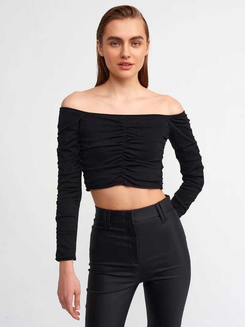 ديلفين 10201 Off Shoulder Gathered Sweater-Black