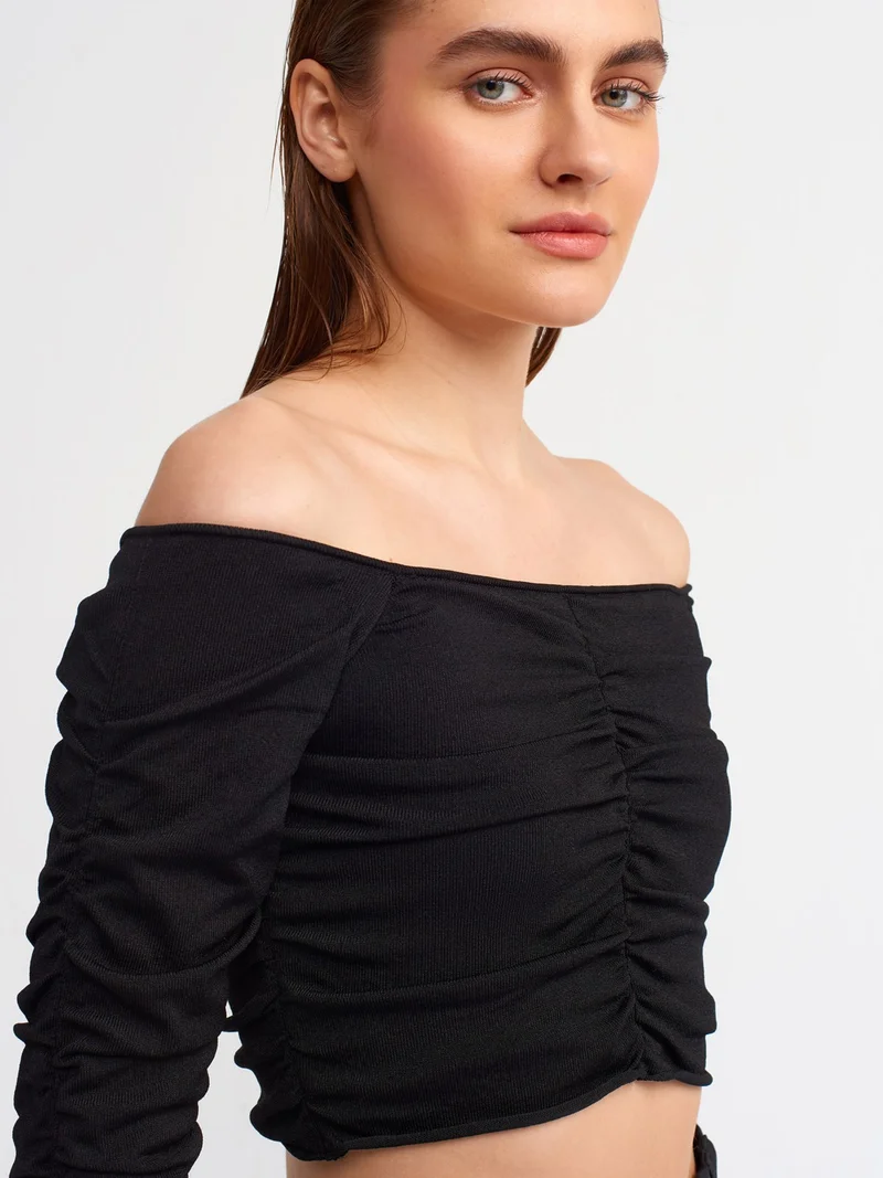 ديلفين 10201 Off Shoulder Gathered Sweater-Black