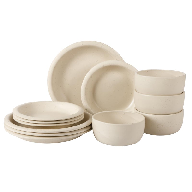 Bloomhouse - Two Time Oprah's Favorite Things Winner - Corsica Clay 12 Piece Stoneware Rustic Reactive Glaze Dinnerware Set - Stackable Plates and Bowls Set. Service for 4 - Matte Sea Salt White - Image 1