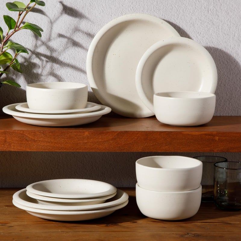 Bloomhouse - Two Time Oprah's Favorite Things Winner - Corsica Clay 12 Piece Stoneware Rustic Reactive Glaze Dinnerware Set - Stackable Plates and Bowls Set. Service for 4 - Matte Sea Salt White - Image 5